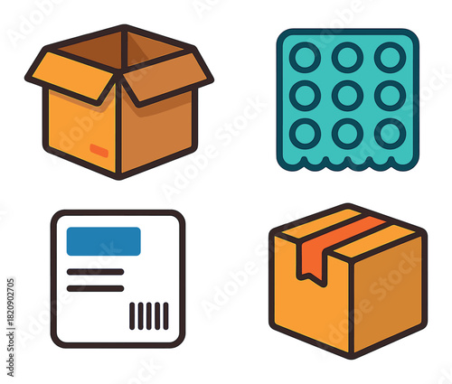 Colorful packaging icons featuring boxes and bubble wrap
