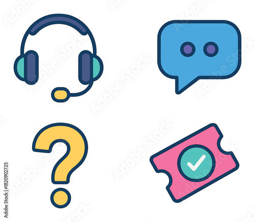 Technology symbols - headset, chat, question mark, ticket icons overlay