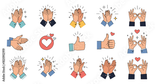 Collection of vector icons showing various hand gestures like clapping thumbs up and ok sign for applause and appreciation.