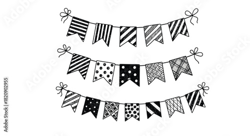 Set of hand-drawn black and white bunting flag garlands with various patterns perfect for party and celebration decorations.