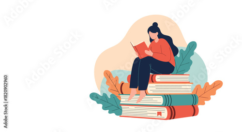 Young woman sitting on a giant stack of books while reading peacefully surrounded by decorative plants and foliage vector.
