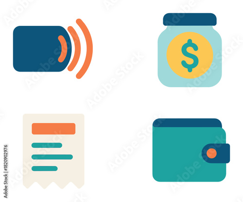 Digital banking icons: contactless payment, savings, receipt, wallet