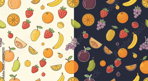Two seamless fruit patterns with oranges strawberries bananas and grapes shown on both a light and a dark background vector.
