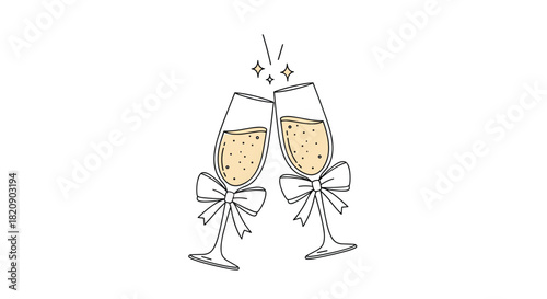 Hand-drawn illustration of two champagne glasses with bows making a toast to celebrate a wedding or special occasion vector.