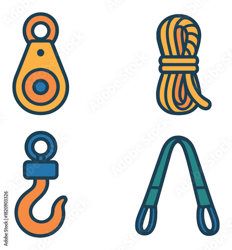Colorful set of climbing gear icons: pulley, rope, hook, sling