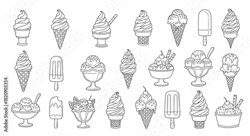 Large collection of various ice cream treats including cones sundaes and popsicles in a black and white line art doodle style.