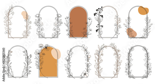 Collection of elegant arched frames decorated with delicate hand-drawn line art botanicals for wedding invitations or logos.