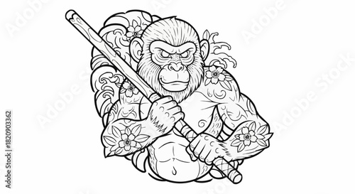 Powerful Monkey Warrior with Intricate Tattoos Holding a Staff.