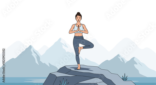 Young woman practicing yoga in the tree pose on a rock with a serene mountain and lake landscape in the background vector.