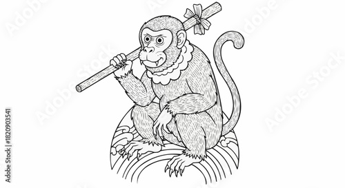 Detailed Line Art of a Monkey Holding a Staff.