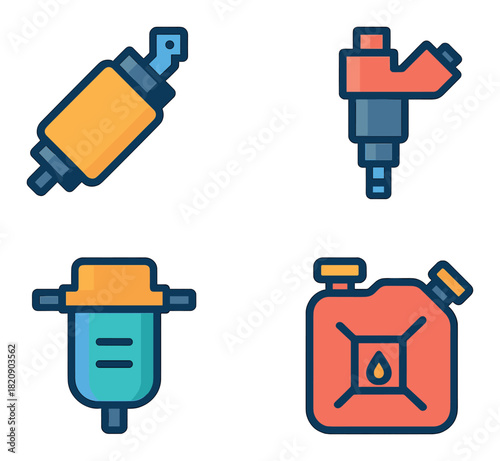 Colorful engine components icons: fuel injector, oil filter, gas can, spark plug