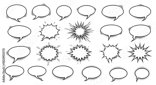Collection of classic black and white comic book speech bubbles and explosion shapes with halftone dot shadow effects vector.