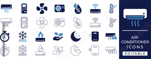 air conditioner icon set featuring cooling, eco, ac, unit, timer, temperature, ventilation, control, thermostat, airflow, fan, maintenance, and hvac symbols for home and office design.