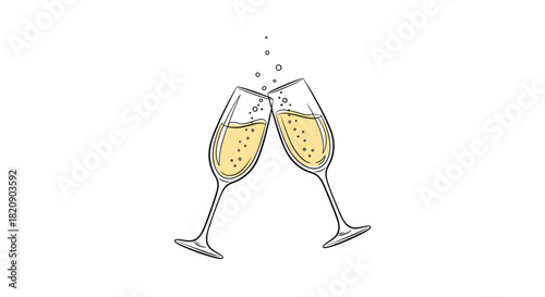 Simple hand-drawn illustration of two clinking champagne glasses with bubbles making a toast for a celebration or party.