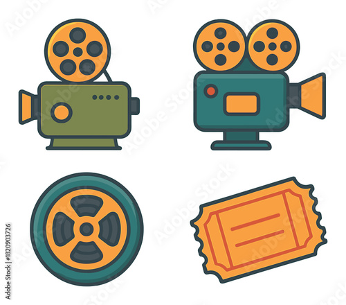 Vintage film cameras and movie ticket icons on gradient background