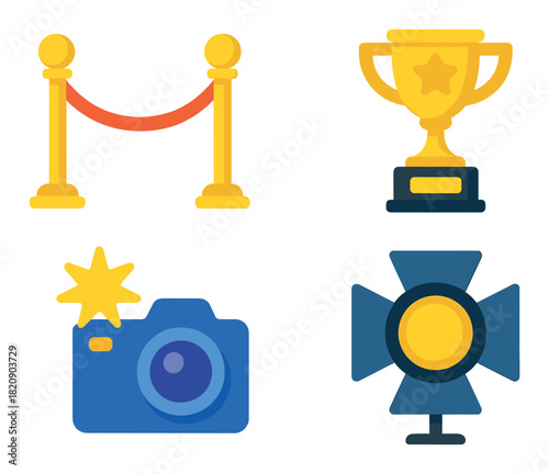Colorful icons of award, camera, spotlight, and rope barrier