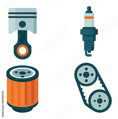 Illustrated car engine components: piston, spark plug, oil filter, timing belt