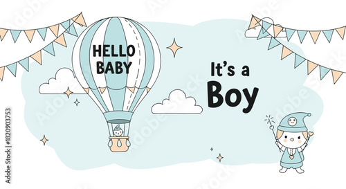 Sweet baby shower announcement card for a boy with a cute character in a hot air balloon and festive bunting vector design.