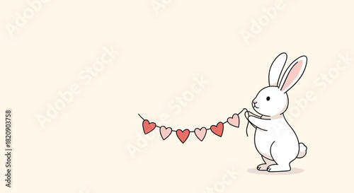 Adorable cartoon bunny standing and holding a festive garland of pink and red hearts with plenty of copy space available.