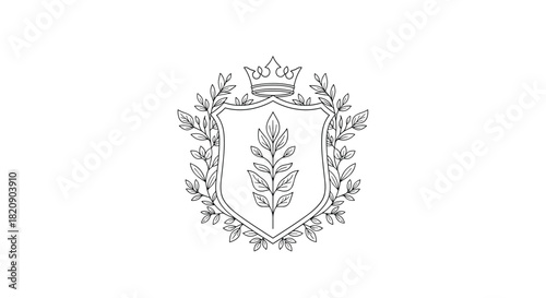 Elegant and royal heraldic crest with a crown on a shield decorated with beautiful botanical branches in a line art style.