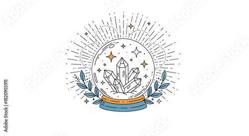 Mystical crystal ball illustration with glowing gems inside surrounded by celestial stars and botanicals in a line art style.