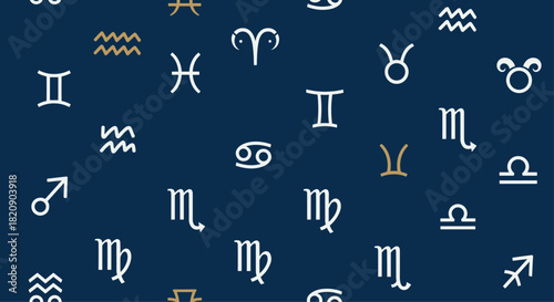 Seamless pattern background of white and gold zodiac astrology signs and symbols scattered on a dark blue navy backdrop.