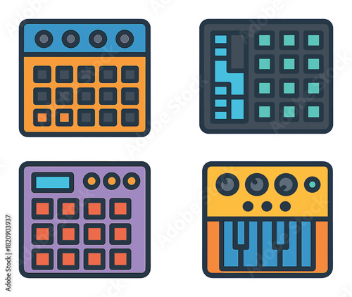 Colorful digital music equipment icons with pad and synthesizer designs
