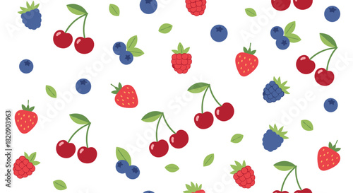 Colorful seamless pattern background with fresh summer berries like strawberries blueberries cherries and raspberries on a white background.