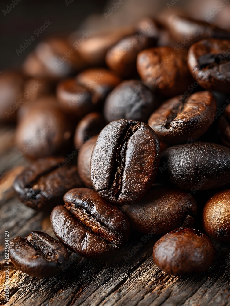 Fototapeta premium Close-up of roasted coffee beans scattered on a rustic wooden surface with rich brown tones and detailed textures for coffee lovers