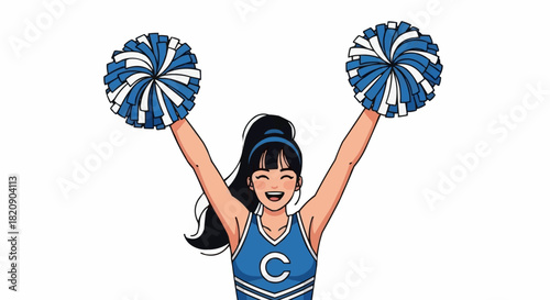 Smiling cheerleader with pom-poms cheering enthusiastically.