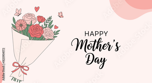 Happy Mothers Day greeting card featuring a beautiful hand-drawn bouquet of roses and flowers with lovely fluttering butterflies.