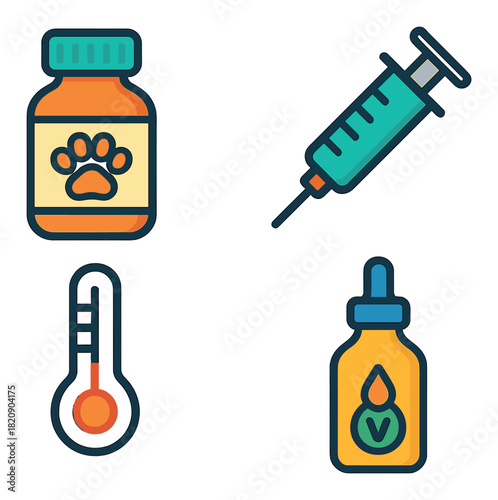 Colorful veterinary icons of medicine bottle, syringe, thermometer, and dropper