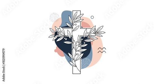 Modern Christian cross symbol with elegant olive branches drawn in line art style against abstract pastel-colored organic shapes.