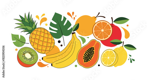 Colorful composition of fresh tropical fruits including pineapple banana papaya and citrus set against a clean white background.