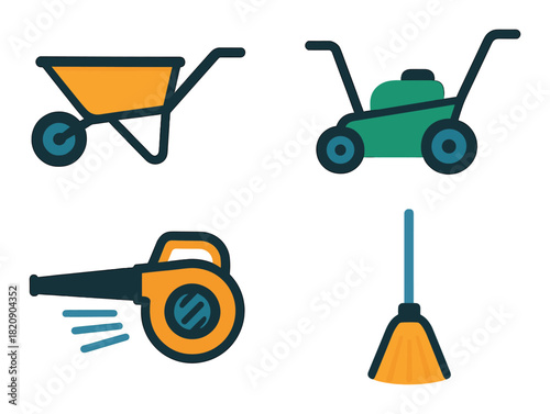 Colorful garden tools icons: wheelbarrow, lawn mower, leaf blower, broom