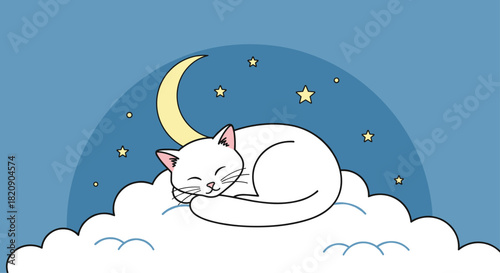 Adorable white cartoon cat sleeping peacefully on a fluffy cloud under a starry night sky with a cute crescent moon character.