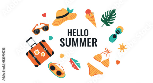 Cheerful Hello Summer banner with a circular frame of colorful travel and beach items like a suitcase bikini and sunglasses.