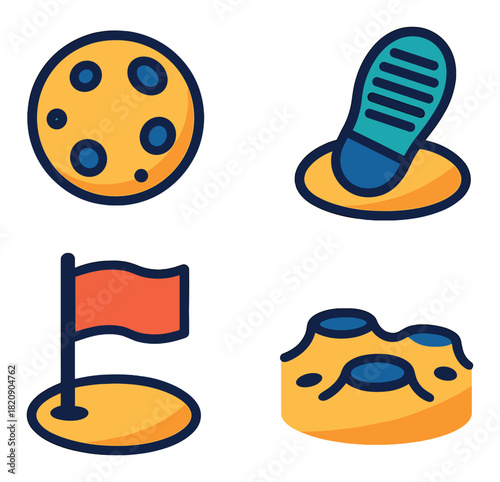 Set of bright cartoon icons: moon, comet, flag, asteroid