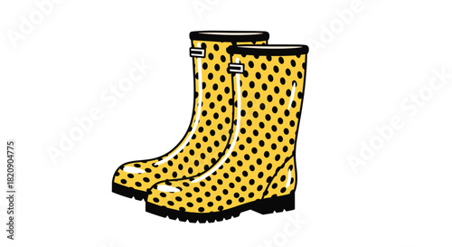 Cute cartoon illustration of a pair of yellow rain boots with a classic black polka dot pattern for wet autumn weather.