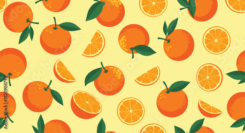 Seamless summer fruit pattern with juicy cartoon oranges and green leaves on a bright and cheerful yellow background design.