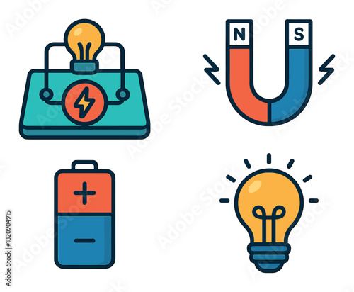 Electricity and magnetism symbols: battery, lightbulb, magnet, energy concepts