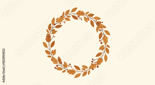 Beautiful autumn wreath made of colorful fall leaves and berries in warm orange and brown tones creating a circular frame.