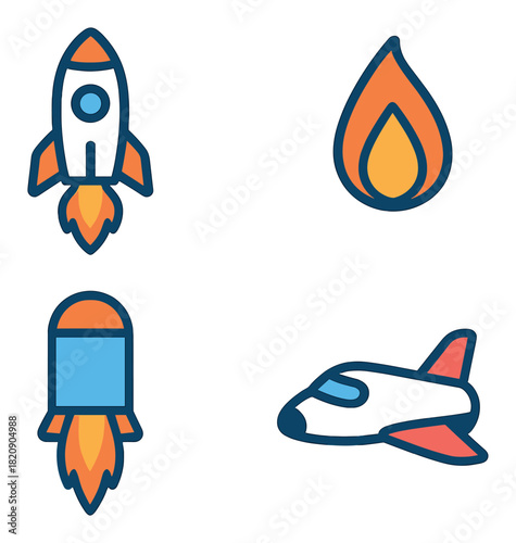 Cartoon spaceship and rocket icon set with fire flame elements