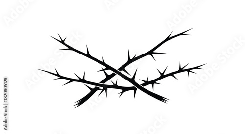 Simple black silhouette of crossed thorny branches representing the crown of thorns and the suffering of Jesus Christ at Easter.