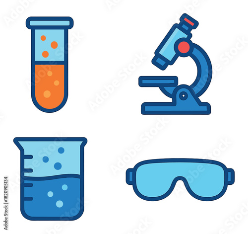 Colorful science icons with test tube, microscope, beaker, safety goggles