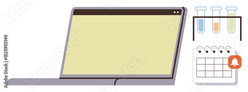 Open laptop alongside test tubes and calendar with reminder icon. Ideal for science, research, productivity, scheduling, education, innovation, or lab management. Simple flat metaphor