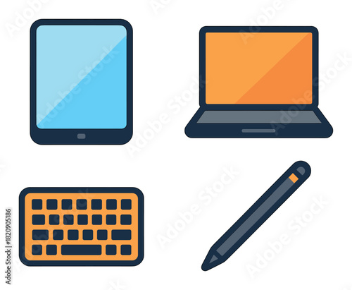 Digital devices and tools: tablet, laptop, keyboard, stylus icon set