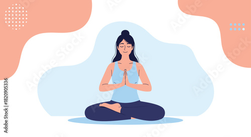 Calm young woman practicing yoga and meditation in the lotus position to promote mindfulness and mental wellness illustration.