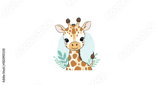 Incredibly cute baby giraffe cartoon portrait with big eyes and green leaves perfect for a sweet nursery or child's room decor.