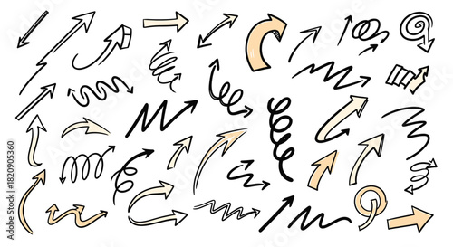 Large collection of hand-drawn doodle arrows in various quirky styles and directions for pointing and highlighting information.